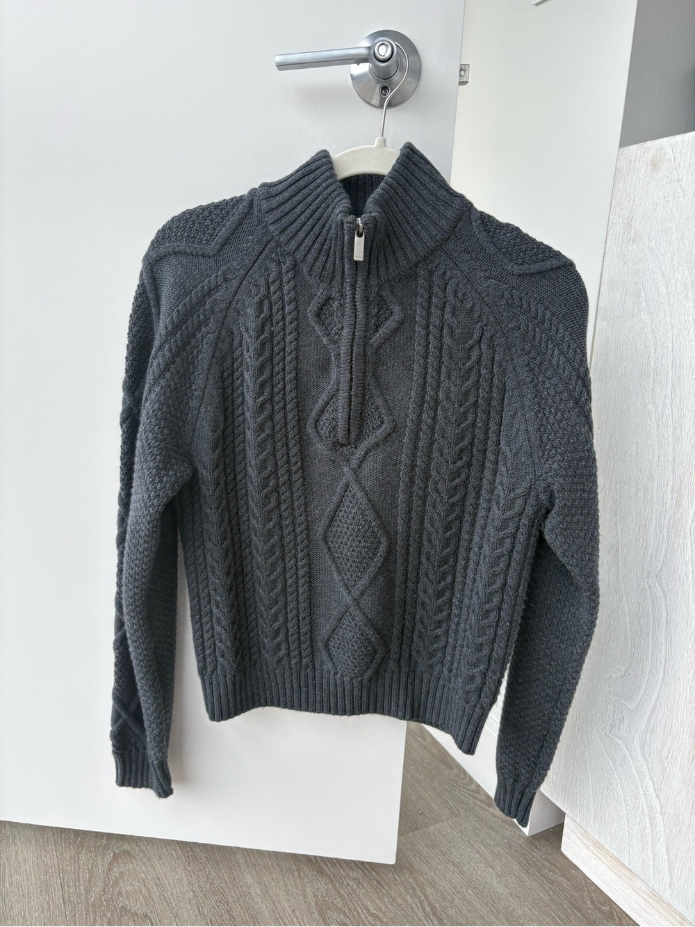 Aritzia Womens heritage wool Dark Charcoal Cable-Knit Half-Zip Sweater